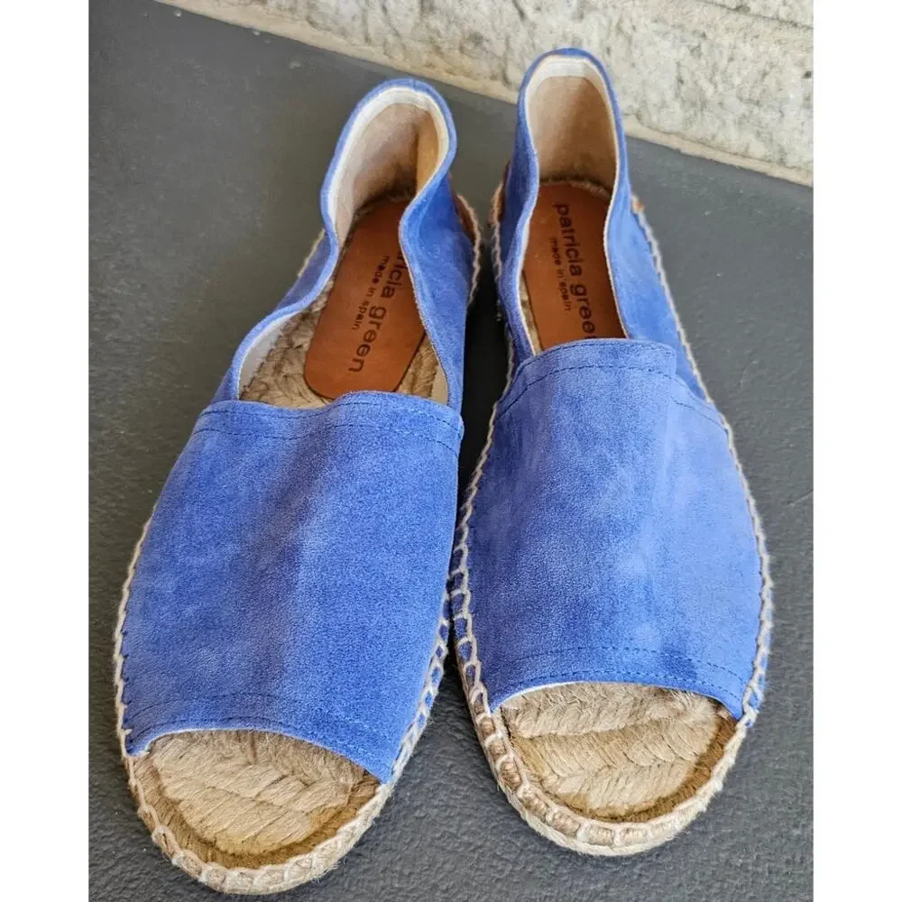 Patricia Green Espadrille Flats, Ashley, Peep Toe, Blue Suede, New, Sz 5.5